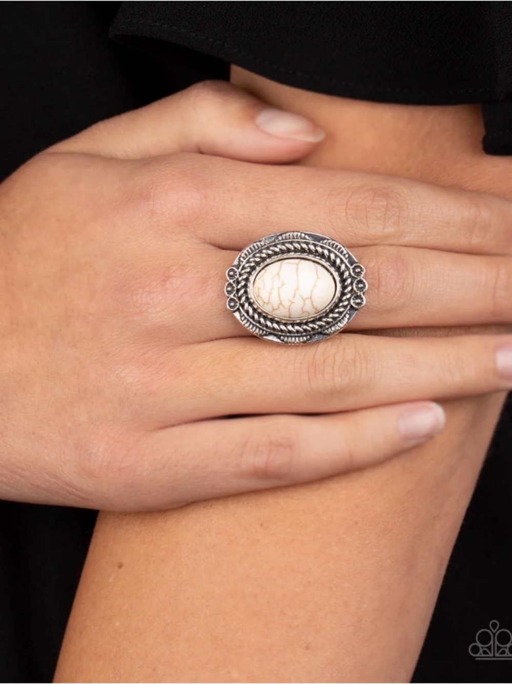 R-72 Classic Silver-Tone White Stone Statement Ring